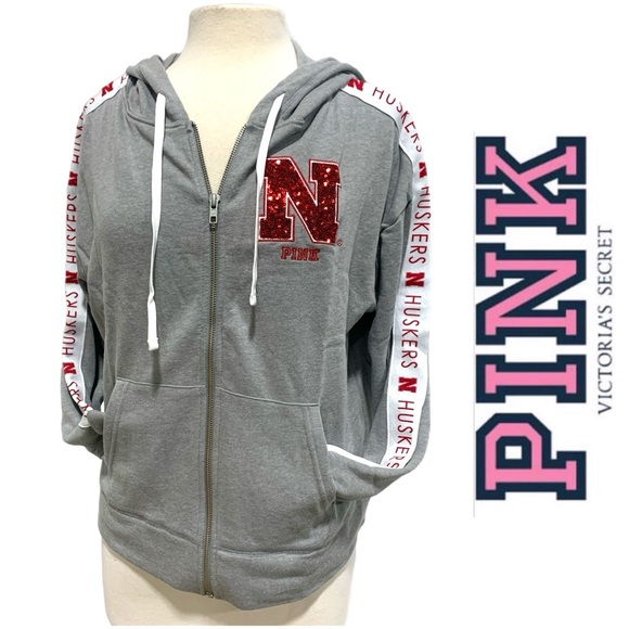 PINK Victoria's Secret Tops - Victoria's Secret PINK Gray&Red Zip-Up Hoodie Nebraska Huskers Cornhuskers -6114